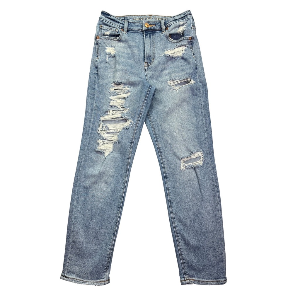 American Eagle Mom Jean Distressed Ripped Light Wash Denim Jeans Size 0 Fits 25"